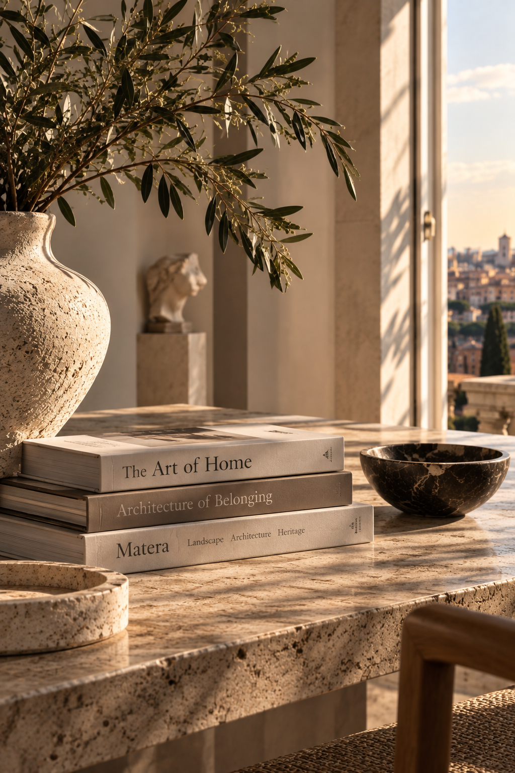 Materiali naturali, libri di architettura e dettagli d’interni