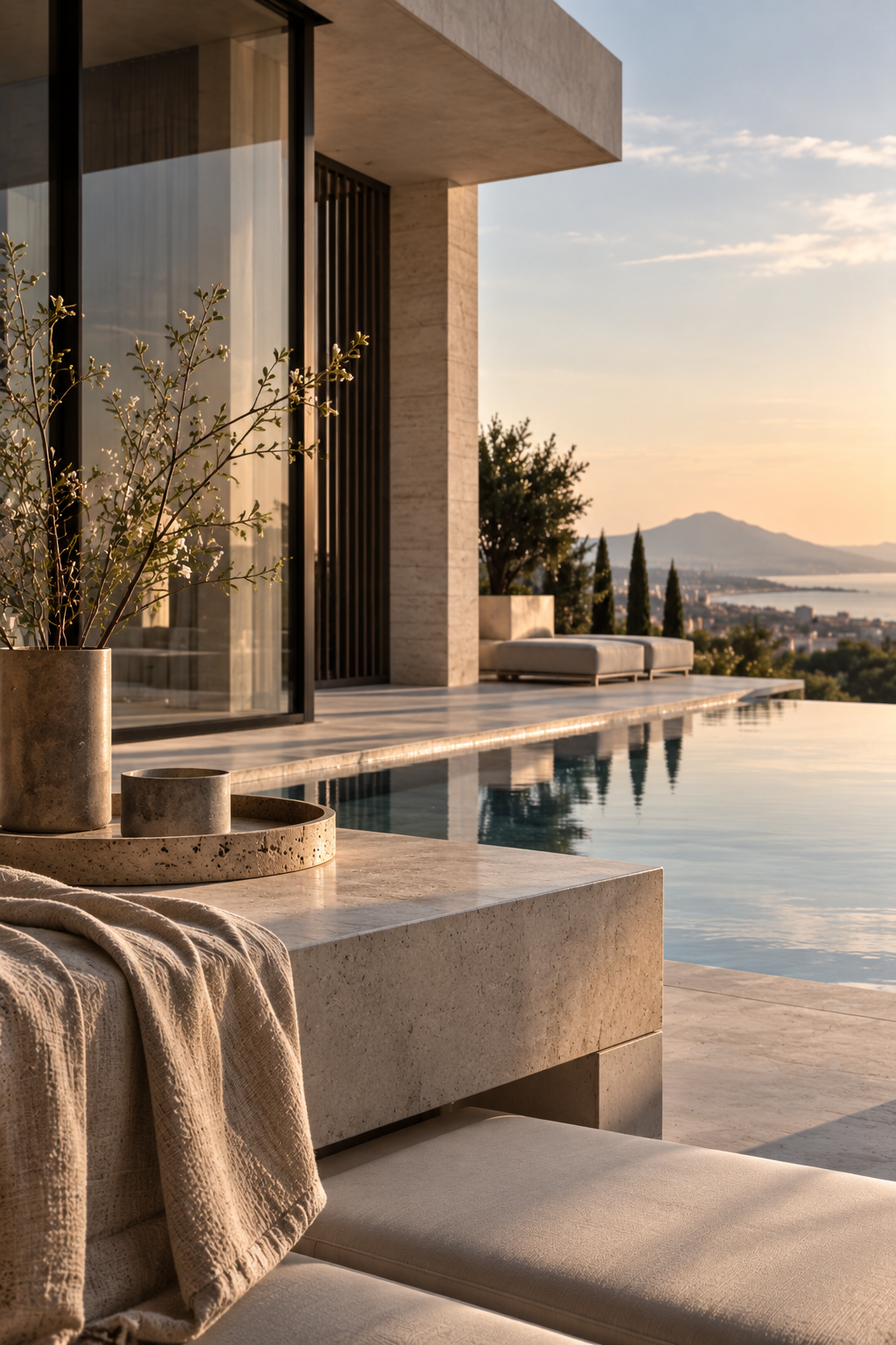 Architettura contemporanea con piscina e paesaggio internazionale
